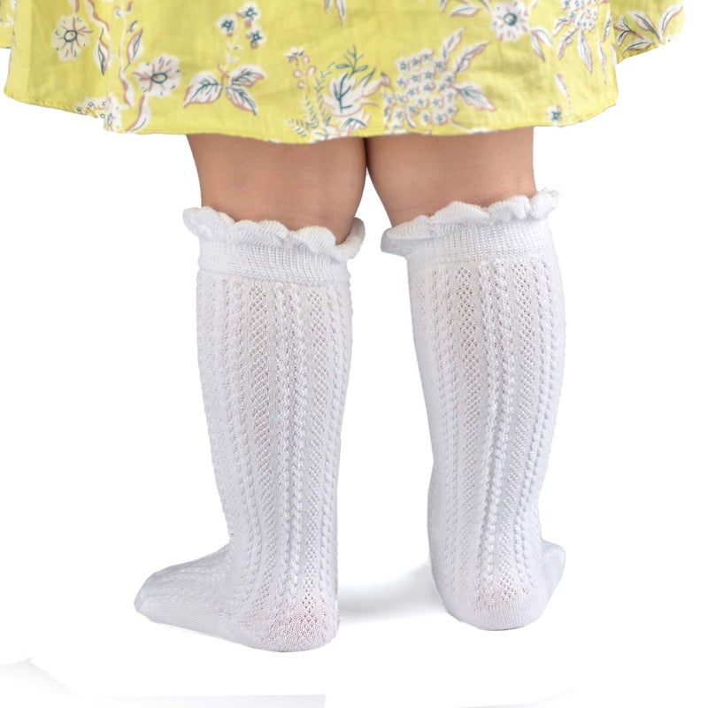 EPEIUS 3 Pairs Little Girls Cotton Uniform Knee High Socks Kids Boys Tube Ruffled Stockings for 6-8 Years,White - Image 4